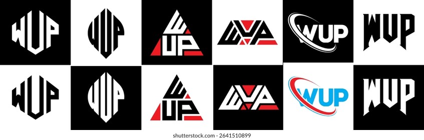 WUP letter logo design in six style. WUP polygon, circle, triangle, hexagon, flat and simple style with black and white color variation letter logo set in one artboard. WUP minimalist and classic logo