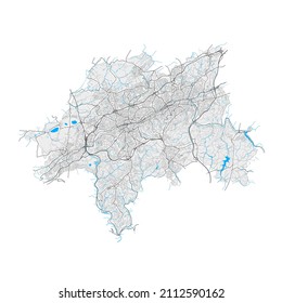 Wuppertal, North Rhine-Westphalia, Germany high resolution vector map with city boundaries and editable paths. White outlines for main roads. Many detailed paths. Blue shapes and lines for water.