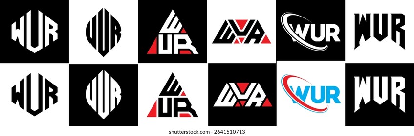 WUR letter logo design in six style. WUR polygon, circle, triangle, hexagon, flat and simple style with black and white color variation letter logo set in one artboard. WUR minimalist and classic logo