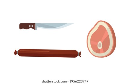 Wurst Salami and Beef Slab as Butcher Shop or Meat Market Product Vector Set