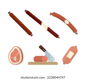 Wurst, Salami, and Beef Steak as Butcher Shop or Meat Market Product Vector Set