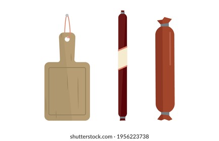 Wurst Salami and Cutting Board as Butcher Shop or Meat Market Product Vector Set