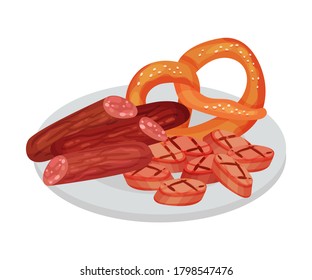 Wurst with Salted Pretzel Rested on Plate as Festive Food for Oktoberfest Celebration Vector Illustration