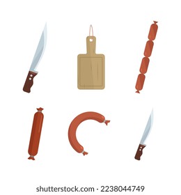 Wurst and Sausage with Cutting Board and Sharp Knife as Butcher Shop or Meat Market Vector Set