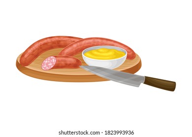 Wurst or Sausage Rested on Wooden Board with Sauce Vector Illustration