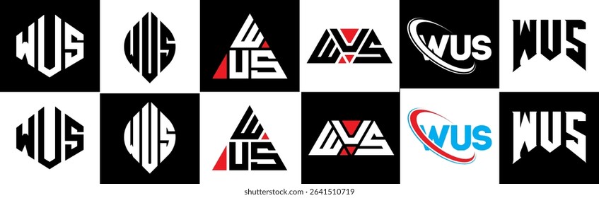 WUS letter logo design in six style. WUS polygon, circle, triangle, hexagon, flat and simple style with black and white color variation letter logo set in one artboard. WUS minimalist and classic logo