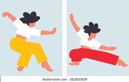 Wushu exercise. Woman doing wushu. How to keep fit indoors. Fitness, yoga and morning workout. Healthy lifestyle and wellness concept. Flat vector illustration. Vector illustration in modern concept 