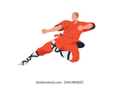 Wushu fighter. Chinese kung-fu, traditional martial art. Asian wrestler kicking in fight pose, attacking stance, action position, posture. Flat vector illustration isolated on white background