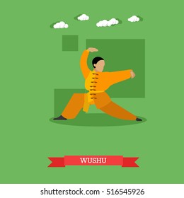 Wushu fighter shows his skills. National martial art from China. Vector illustration in flat design