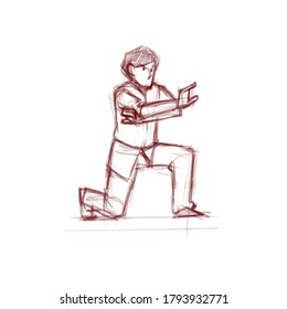 Wushu fighting stance hand sketch concept illustration. Sport man wushu pose design