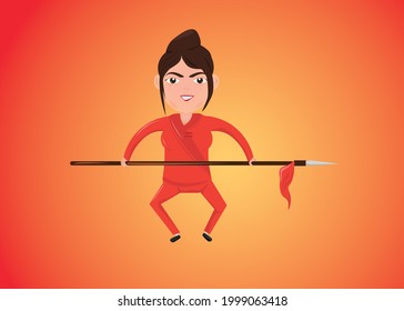 Wushu girl character. cute oriental girl playing wushu stick. sport vector concept.