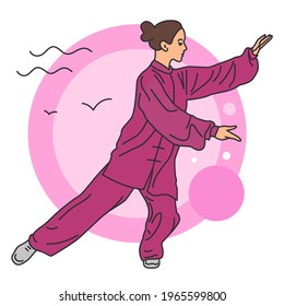 wushu icon in different geometric styles, vector illustration. Silhouette of a woman girl standing in a wushu, kung fu stance. Vector illustration.  tai chi icon Sign.