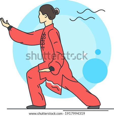 Wushu icon in different style vector illustration. Silhouette of a woman  standing in a wushu, kung fu stand. Vector illustration. Color icon.
For posters and websites. Woman performing wushu forms.
