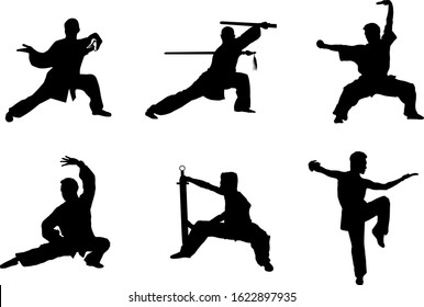 Wushu, kung fu, Taekwondo, Aikido. Silhouette of people isolated on white background. Sports positions. Design elements and icons. Fighting stance. Vector illustration. Set