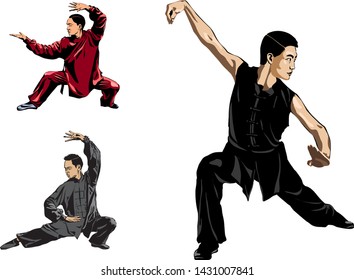 Wushu, kung fu, taekwondo. Men show posture fighting stance Wushu. Slow motion technique. Vector illustration. 