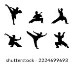 Wushu, kung fu, Taekwondo. Silhouette of people isolated on white background. Clipart, icon, pictogram. Fighting stance. Vector illustration. Set