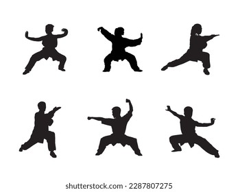 Wushu, kung fu, Taekwondo. Silhouette of people isolated on white background. Sports positions. Design elements and icons. Fighting stance. Vector illustration. Set