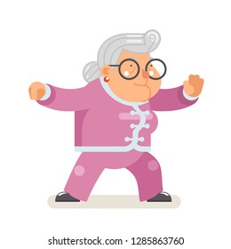 Wushu kungfu taichi fitness healthy activities granny adult old age woman character flat cartoon design vector illustration
