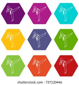Wushu master icon set many color hexahedron isolated on white vector illustration
