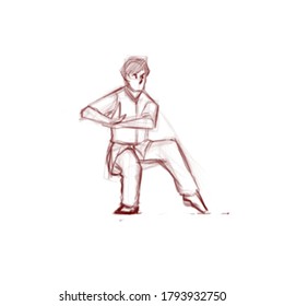 Wushu stance illustration in hand sketch style. Sport man design for poster, event, competition