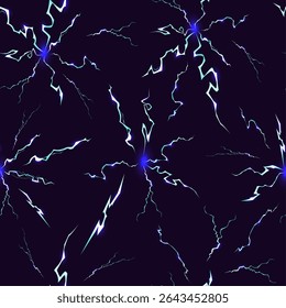 Umedecimento relâmpago azul parafusos contra o céu escuro sem costura padrão. Impacto da eletricidade. O raio do raio pisca. Impressão repetida. Energia elétrica. Tempestade e faísca fazem sucesso. Plano de fundo do vetor