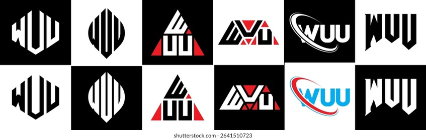 WUU letter logo design in six style. WUU polygon, circle, triangle, hexagon, flat and simple style with black and white color variation letter logo set in one artboard. WUU minimalist and classic logo