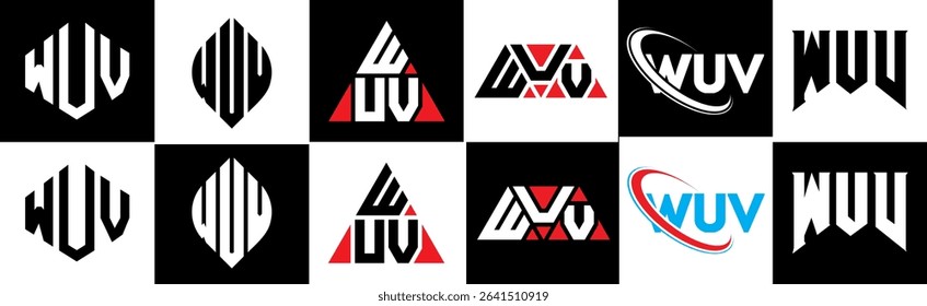 WUV letter logo design in six style. WUV polygon, circle, triangle, hexagon, flat and simple style with black and white color variation letter logo set in one artboard. WUV minimalist and classic logo