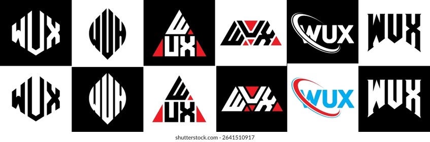 WUX letter logo design in six style. WUX polygon, circle, triangle, hexagon, flat and simple style with black and white color variation letter logo set in one artboard. WUX minimalist and classic logo