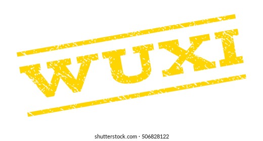 Wuxi watermark stamp. Text caption between parallel lines with grunge design style. Rubber seal stamp with unclean texture. Vector yellow color ink imprint on a white background.