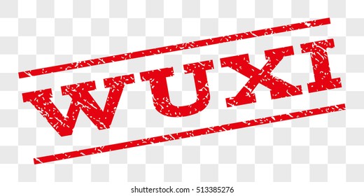 Wuxi watermark stamp. Text caption between parallel lines with grunge design style. Rubber seal stamp with unclean texture. Vector red color ink imprint on a chess transparent background.