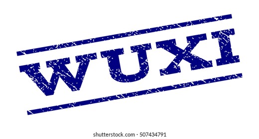 Wuxi watermark stamp. Text tag between parallel lines with grunge design style. Rubber seal stamp with dirty texture. Vector navy blue color ink imprint on a white background.