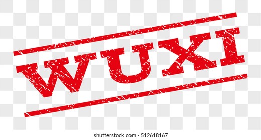 Wuxi watermark stamp. Text tag between parallel lines with grunge design style. Rubber seal stamp with dirty texture. Vector red color ink imprint on a chess transparent background.