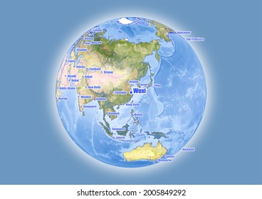 Wuxi-China se muestra en el mapa del globo vectorial. El mapa muestra la ubicación de Wuxi-China en el mundo.