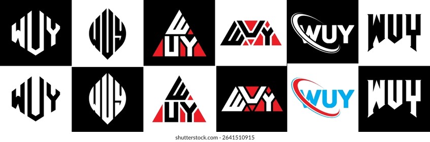 WUY letter logo design in six style. WUY polygon, circle, triangle, hexagon, flat and simple style with black and white color variation letter logo set in one artboard. WUY minimalist and classic logo
