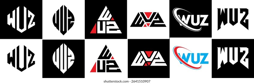 WUZ letter logo design in six style. WUZ polygon, circle, triangle, hexagon, flat and simple style with black and white color variation letter logo set in one artboard. WUZ minimalist and classic logo