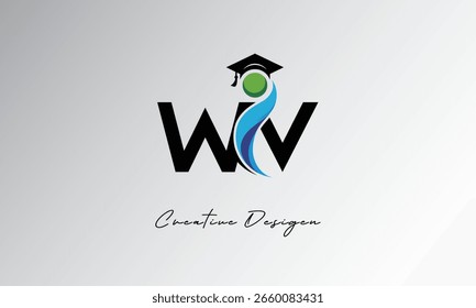 WV Creative Letter Logo con Gorra de Graduación y Abstractas Humano – Educación Moderna y Diseño de Símbolos de Aprendizaje
