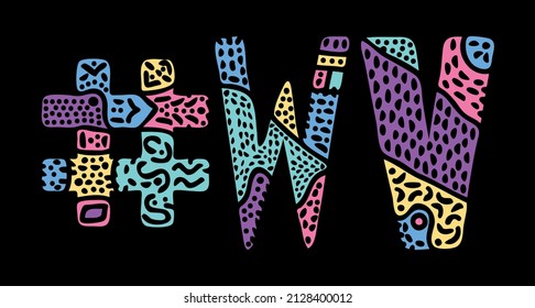 Etiqueta de WV. Las letras de doodle de curvas aisladas brillantes multicolores. La etiqueta #WV es abreviatura del estado norteamericano de Virginia Occidental para redes sociales, recursos web, aplicaciones móviles.