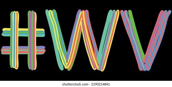 WV Hashtag. Multicolored bright isolate curves doodle letters like from marker, oil paint. #WV is abbreviation for the USA state West Virginia for social network, web resources, mobile apps.