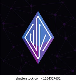 WV Initial letter block chain logo icon vector template. Looping mono line circuit letter on rhombus cube logo