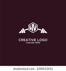 WV initial monogram for fitnes or gym logo with creative shield and barbell design