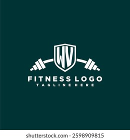 WV initial monogram for fitnes or gym logo with creative shield and barbell design