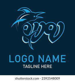 WV shark logo design vector. Cartoon shark mascot on navy background. 
Shark esport mascot logo design. Editable letter shark logo design for company