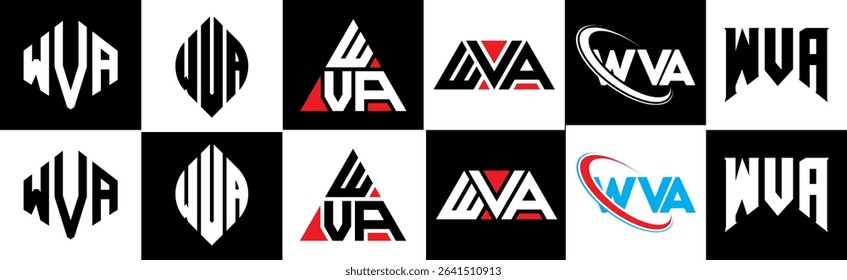 WVA letter logo design in six style. WVA polygon, circle, triangle, hexagon, flat and simple style with black and white color variation letter logo set in one artboard. WVA minimalist and classic logo