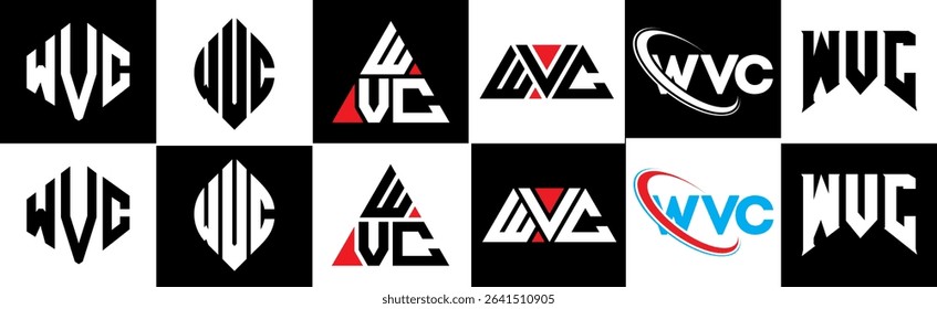 WVC letter logo design in six style. WVC polygon, circle, triangle, hexagon, flat and simple style with black and white color variation letter logo set in one artboard. WVC minimalist and classic logo
