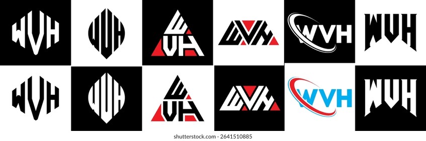 WVH letter logo design in six style. WVH polygon, circle, triangle, hexagon, flat and simple style with black and white color variation letter logo set in one artboard. WVH minimalist and classic logo