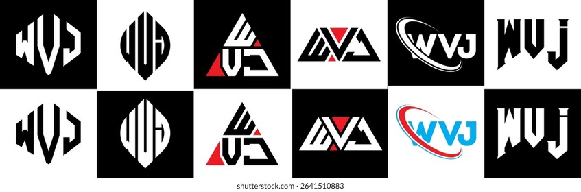 WVJ letter logo design in six style. WVJ polygon, circle, triangle, hexagon, flat and simple style with black and white color variation letter logo set in one artboard. WVJ minimalist and classic logo