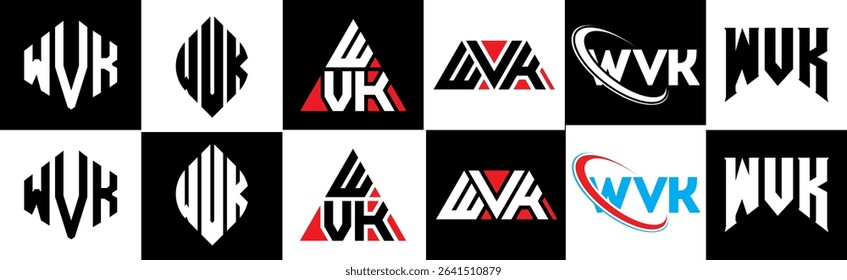 WVK letter logo design in six style. WVK polygon, circle, triangle, hexagon, flat and simple style with black and white color variation letter logo set in one artboard. WVK minimalist and classic logo
