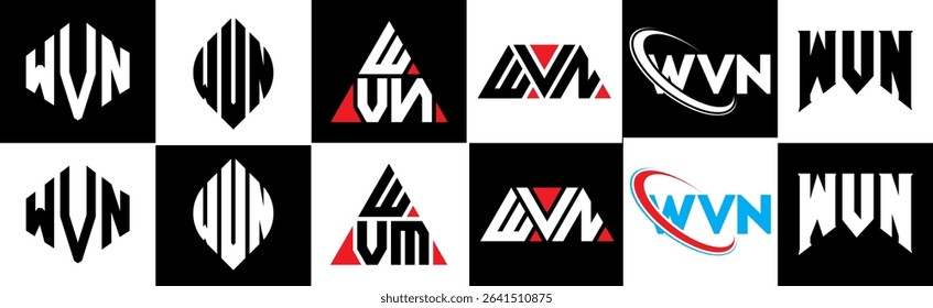 WVN letter logo design in six style. WVN polygon, circle, triangle, hexagon, flat and simple style with black and white color variation letter logo set in one artboard. WVN minimalist and classic logo