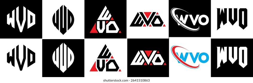 WVO letter logo design in six style. WVO polygon, circle, triangle, hexagon, flat and simple style with black and white color variation letter logo set in one artboard. WVO minimalist and classic logo