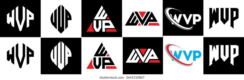 WVP letter logo design in six style. WVP polygon, circle, triangle, hexagon, flat and simple style with black and white color variation letter logo set in one artboard. WVP minimalist and classic logo